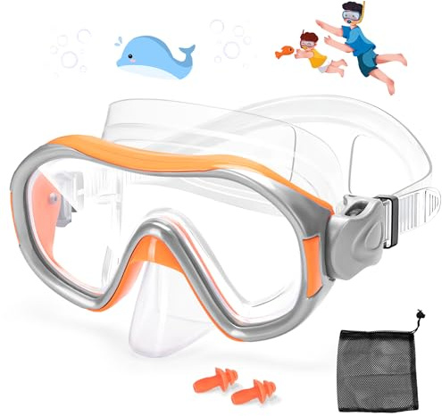 Occhialini da nuoto per bambini, occhialini da nuoto con nasello per bambini e ragazzi (4-12), maschera subacquea in vetro temperato HD a 180 gradi con tappi per le orecchie + borsa a rete (arancione)