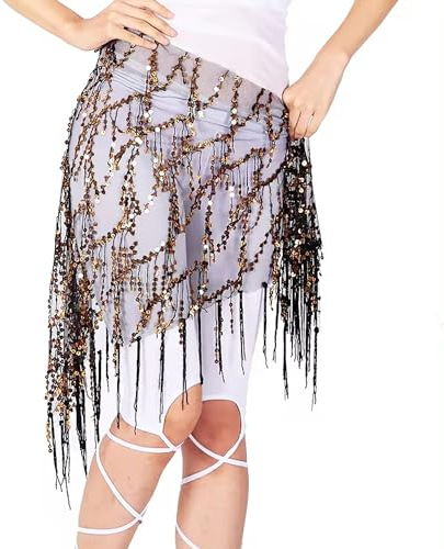 Hayaww Damen Bauchtanz Hüfttuch Mit Pailletten Gürtel Rock Bauchtanz Pailletten Glitzer Rock Mit Fransen Bauchtanz Gürtel Bauchtanz Hüfttuch Damen Für Frauen Mädchen Festival Tanzperformance(Schwarz)