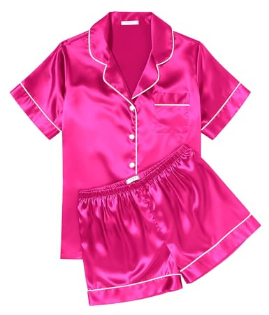 Ekouaer Womens Silk Satin Pajama Sets Soft Short Sleeve Button Down Sleepwear Top and Shorts 2 Piece Pjs Lounge Set,Rose,M