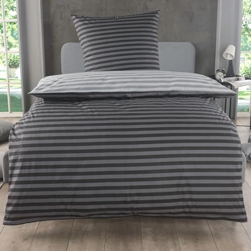 MALIKA Bettwäsche 135x200 Baumwolle, 2-teiliges Set, Streifenmuster, Wende Bettbezug 135 x 200 cm, Kissenbezug 80x80 cm, Renforcé, atmungsaktiv, maschinenwaschbar, Grau
