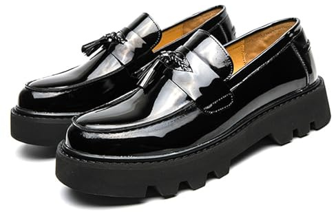 Men's Black Soft Patent Leather Platform Chunky Heel Loafers Fashion Tassel Business Casual Formal Work Shoes Non-Slip Lug Sole Slip-On Penny Loafers (Black,10)