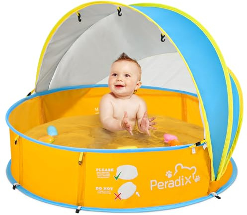 Peradix Piscina per bambini 4 in 1, con protezione dai raggi UV, tenda da spiaggia con zanzariera, tenda da gioco portatile, per la protezione solare estiva per anni (blu e giallo)