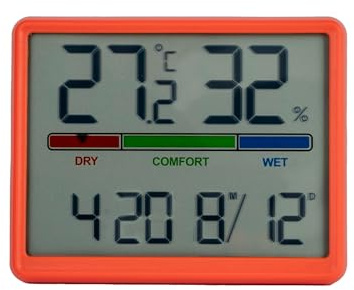 GIFTMARKET - Termómetro de interior digital. Termómetro digital con higrómetro. Indicador de confort, reloj y calendario. Termómetro de color rojo. Ideal para hogar. ABS. Medidas: 9,3 x 7,2 x 1,6 cm