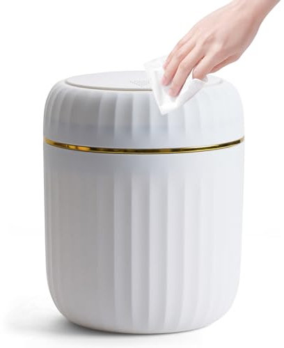Bailtouk Mini Cestino da Scrivania con Coperchio, 2L Cestino da Tavolo con Pop-up, Cestino Spazzatura Pattumiera da Tavolo per Cucina, Camera, Bagno, Bianco (13×13×16cm)