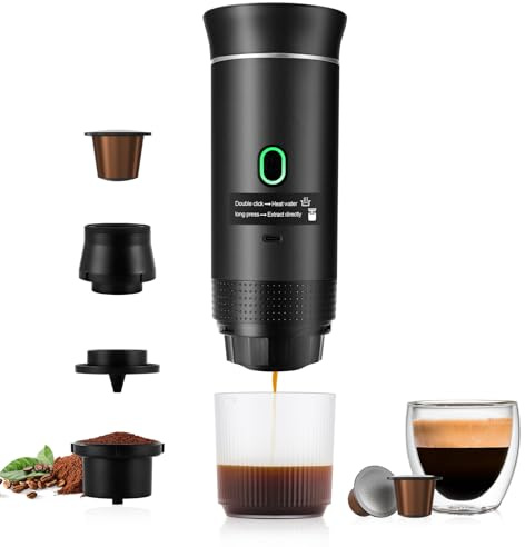 obecilc 3 In 1 Portable Coffee Maker for Travel, 20 Bar Portable Espresso Machine with USB,Travel Coffee Maker Self-Heating, Compatible with Ground Coffee & Capsule for Hiking,Office,RV（Black）
