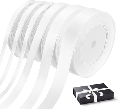 6 Rolls White Satin Ribbons, 6/10/15/20mm x 22m Thin White Ribbon for Gift Wrapping Balloon Curling Crafting DIY Bows Cake Birthday Party Wedding Decorations Ribbons