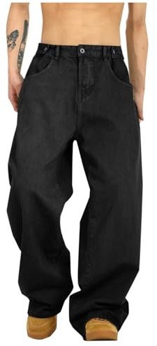 Mens Jeans with Pockets Loose Fit Work Jean Trousers Straight Wide Leg Workwear Solid Color Baggy Denim Pants Heavy Duty Vintage Casual Trouser Daily Wear for Men Plus Size