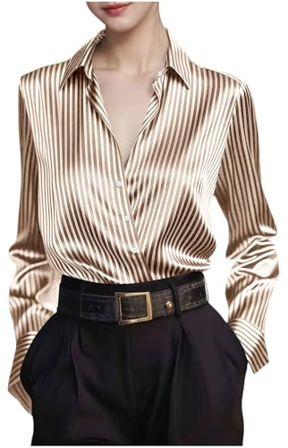 GMQWRK Camisas a rayas para mujer, elegante blusa de satén de manga larga con cuello en V, con botones, estampado de rayas, casual, para negocios, con cuello, para oficina, trabajo, caqui, L