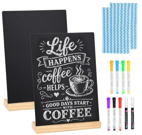 2 st dubbelsidiga A4 skiffertavlor – 30x21cm, med 9 kritor & 2 trasor | Svarta tavlor med träfot – perfekta för reserverat-skyltar, prisskyltar, bufféer och restauranger.