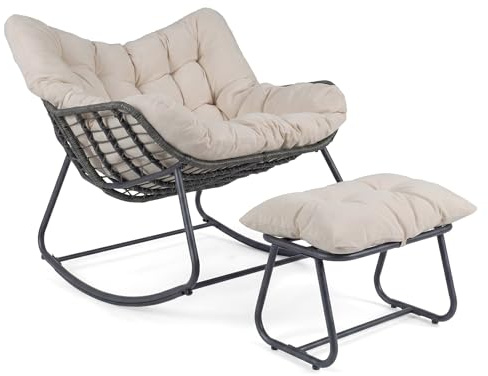 COSTWAY Silla Mecedora con Reposapiés, Sillón Mecedora de Ratán PE con Cojines Extraíbles, Estructura Metálica y Almohadillas Antideslizantes, Sillón Relax para Salón, Balcón, Carga 150 kg