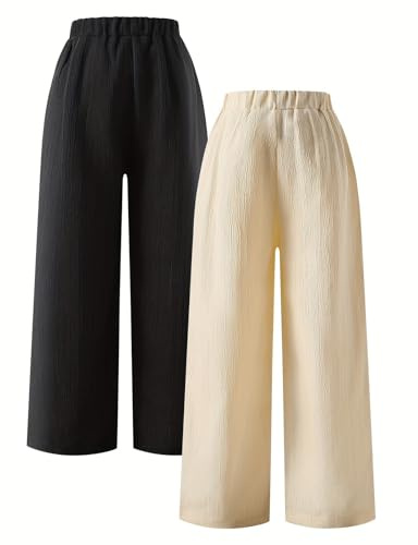 2 Piece Girls Summer Wide Leg Cotton Linen Trousers Kids Baggy Straight Elastic High Waist Casual Pants with Pockets School Palazzo Joggers Pants Loose Solid Harem Sweatpants