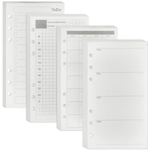 DY.2ten Reservblad A6 Set med 4, Daglig/Vecko/Månadsplanerare & Uppgiftslista Utan Datum, Perforerade Dagboksinsatser 6 Hål, 180 Blad/360 Sidor 100g/m², Blad för Pärm