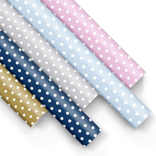 PAW - Carta da regalo 200x70cm - 5 rotoli | Mix di 5 Disegni | Carta per Incartare Regali Elegante per Compleanni, Matrimoni, Baby shower, Feste e Regali - Pois