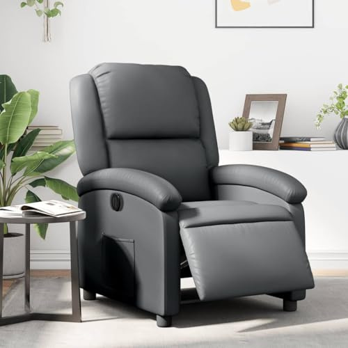 Vorpalize Poltrona relax elettrica in ecopelle grigia, con motore elettrico, funzione reclinabile fino a 135 gradi, tasca laterale, struttura stabile in metallo e legno, comoda poltrona per TV per