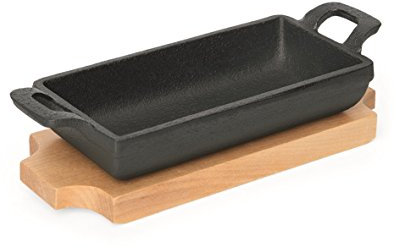 Mini Sartén de hierro fundido, con posavasos de madera, no apto para lavavajillas, muy resistente, gran retención de calor, ideal para servir/18 x 9,5 x 3 cm