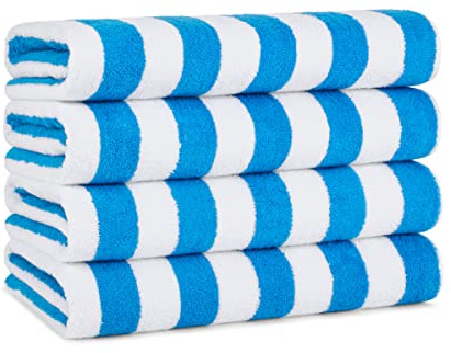 Arkwright California Cabana Stripe Beach Towel - Pack of 4, Large Soft Quick Dry 100% Cotton Terry Towels Set for Pool, Swim, and Hot Tub, Oversized 30 x 70 in, Blue