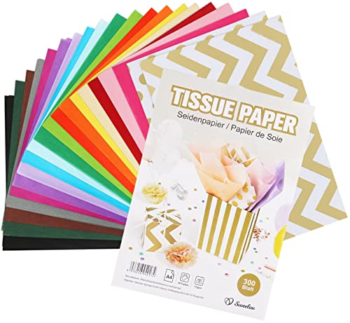 Sweelov Seidenpapier 300 Blatt, 20 Farben 16 g/qm Transparentpapier Bunt A4 für Füllmaterial Geschenk Geschenktüten, Pompoms,Basteln, Laterne, Tischdeko, Weihnachten Hochzeit