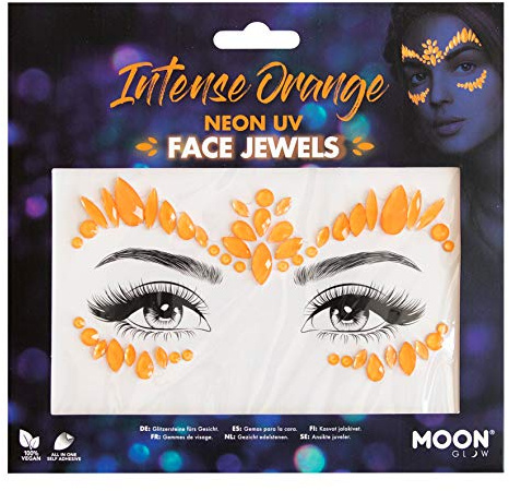 Neon UV Face Jewels by Moon Glow - Festival Face Body Gems, Crystal Make up Eye Glitter Stickers, Temporary Tattoo Jewels (Intense Orange)