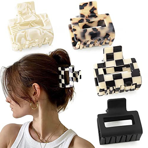 Bmobuo Checkered Tortoise Hair Clips for Women - 4Pcs 2 Small Acetate Claw Barrettes for Thick & Thin Hair