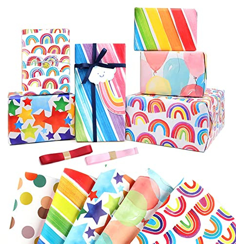 Jatidne 6 Birthday Wrapping Paper Sheets Recyclable Gift Wrap Colorful Rainbow Wrapping Paper 70cm x 50cm