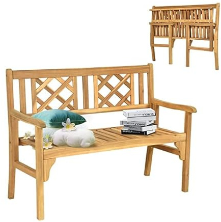 GOPLUS Banco para Jardín, Banco Plegable Exterior para 2 Personas, con Respaldo y Reposabrazos Ergonómicos, Diseño de Listones, Madera Maciza, 120 x 56 x 90 cm, Natural