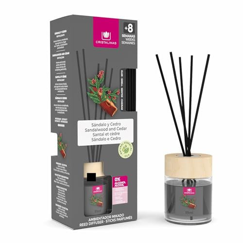 Cristalinas 35ml Sandalwood & Cedar Air Fresheners for Home - Reed Diffusers for home - Home Fragrance Lasts upto 8 weeks - Room Diffuser Sticks with Coloured Fragrance Oil