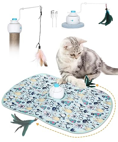 HAPPY HACHI Giocattolo Elettronico Interattivo,3 Modalità Giochi Interattivi Intelligenti per Gatti con 2 Piume Ricaricabile via USB Giocattolo Gatto Automatico per Gatti in Casa