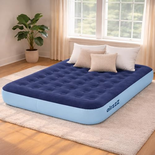 airzzZ Inflatable Flocked Air Bed - Double Airbed Quick Inflatable Mattress - Quick Inflation & Deflation Blow Up Mattress Lightweight Comfortable Camping Mattress Guest Bed - Double