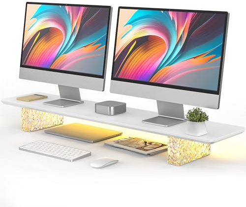 Fenge Dual Monitorständer Holz+Kristall Ziegel Monitor Ständer Riser mit LED Streifen, 108cm Großen Computer Stand für PC/Laptop/Fax/Drucker/TV, Weiß