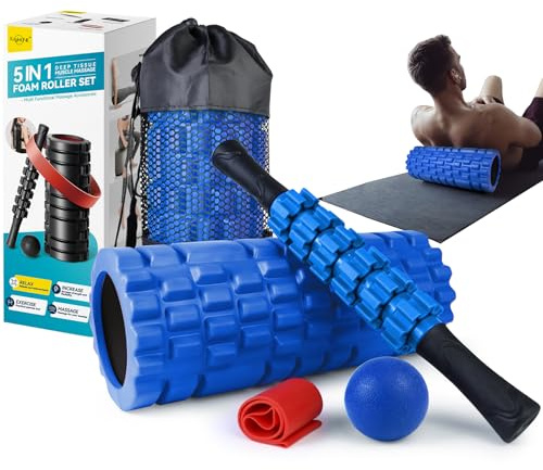 Krightlink 5 in 1 Foam Roller Set for Deep Tissue Muscle Massage, High Density Trigger Point Fitness Patented Exercise Foam Roller, Massage Roller, Massage Ball, Resistance Band, for Whole Body