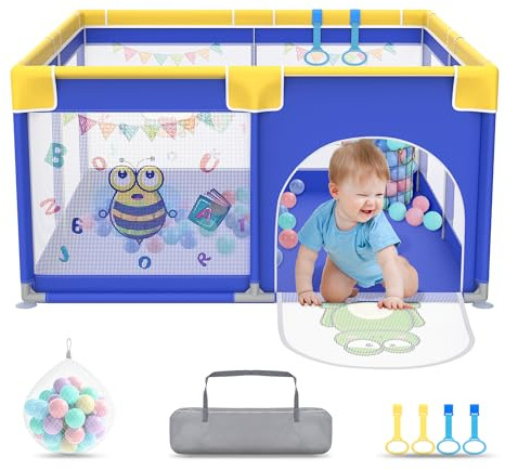UISEBRT Parque infantil de 127 x 127 cm, con 50 bolas de océano, 4 anillos de tracción y bolsa de transporte, plegable, con red transpirable, color azul con motivos de animales