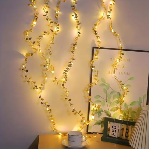 JINGTOPS Guirlande Lumineuse avec Feuilles Artificielle Lumières LED Décoratives à Piles, Guirlande de Feuilles d'Argent Doré 10 M 100 LED, Chaîne Lumineuse d'Automne pour Intérieur (or)