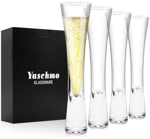 Yaschmo Champagne Flutes Set of 4, Hand Blown Crystal Champagne Glasses, Modern Unique Design, Lead-Free Prosecco Glasses, Elegant Toasting Glasses Gift for Wedding, Anniversary, Birthday, Christmas