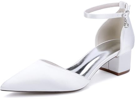 HFWXYSA Escarpins Femme Classique à Talon Bloc Bout fermé Satin Chaussures de mariée de Mariage,Blanc,38 EU