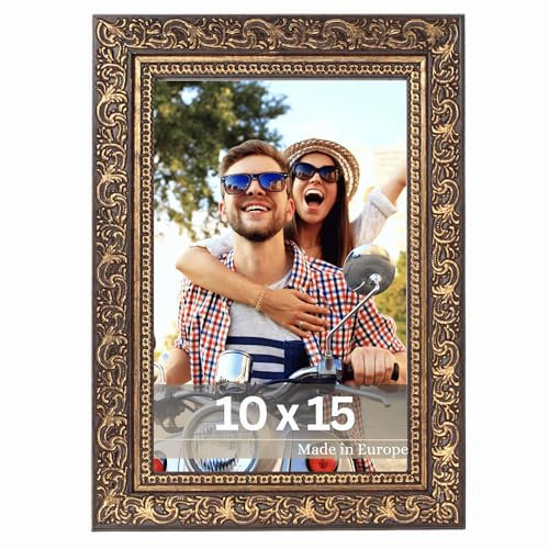 VictoR Cornice portafoto Vinci – 10 x 15 cm (A6) marrone oro – vintage barocco – cornice decorata 22 x 20 mm – vetro acrilico infrangibile – retro MDF – per formato verticale e orizzontale – Made in