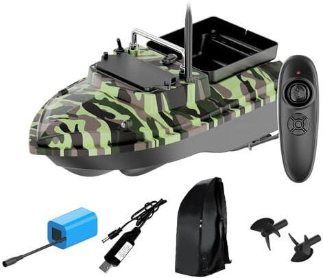 Large Capacity RC Bait Boat with Cruise Control, 18000mAh Dual Battery & Dual Motor Fishing Boat with LED Lights, 4.4LB Load Capacity, 500m Remote Control Bait Boat for Carp Fishing, Camouflage Green