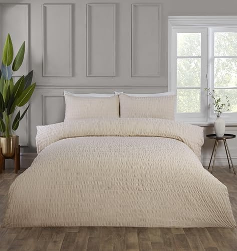 Rapport Home Set copripiumino in tessuto seersucker, morbido, facile da pulire, per letto singolo, 3 pezzi, colore: crema