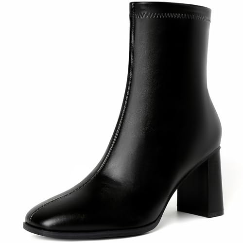 GOUPSKY Black Ankle Boots for Women Chunky Block Heel Boots Square Toe Side Zipper Short Booties