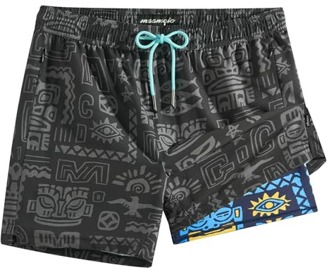 maamgic 5inch Mens Swim Trunks with Compression Liner 2-in-1 Swimming Shorts Stretch Quick Dry with Zipper Pockets, Charcoal Tribal Mask, L