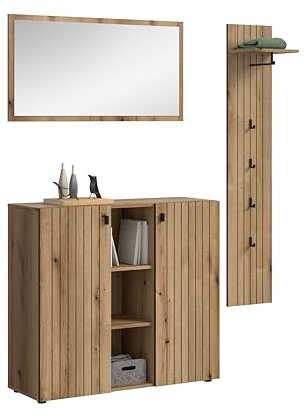 xonox.Home Ensemble de Garde-Robe 3 pièces 157 x 192 x 37 cm en chêne Evoke – Ensemble de Meubles de Garde-Robe Compact avec Panneau, Miroir et Commode à Chaussures pour Le Couloir