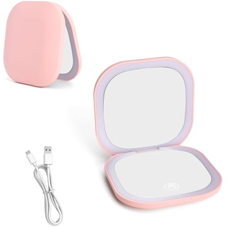 TNSLAND Specchio tascabile con LED, interruttore magnetico, pieghevole su entrambi i lati, ingrandimento 5X, specchietto da borsetta, specchio da trucco ricaricabile tramite USB piccolo per borsa casa