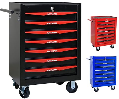 ELIHGTBY Werkzeugwagen mit 7 Schubladen auf Rollen, Mobiler Werkstattwagen leer, Zentral Abschließbarer Werkzeugschrank für Werkstatt & Garage, Profi Stahl-Design in Schwarz&Rot