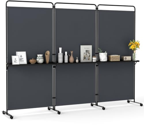 COSTWAY Separadores Ambientes de 3 Paneles, Biombo Plegable con 8 Ruedas Bloqueables, 3 Estantes Abiertos, Estructura de Metal, Pantalla de Privacidad para Hogar Oficina Restaurante (Gris)