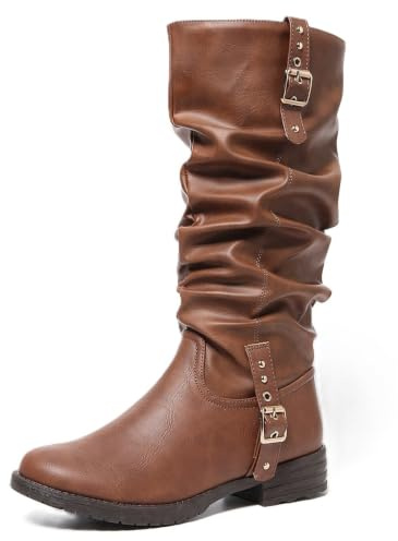 Slouchy rynkade knähöga stövlar för kvinnor platta western cowboy ridstövlar, Pu brun 2 spännen, 39.5 EU | med spänne nit rem dekor vardagliga höga vinterstövlar för semester fest shopping gatustil födelsedag