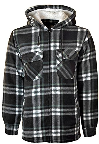 MyShoeStore Unisex Padded Shirts Lumberjack Collared Hooded Flannel Check Jacket Thick Quilted Work Wear Warm Thermal Fleece Fur Lined Top Casual Coat Plus Big Size S-5XL(Hooded Black, M)