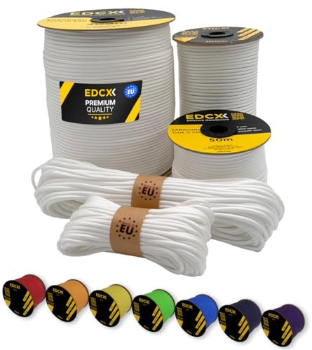 EdcX Paracord 4 mm, 35+ Volltonfarben (10 m, 15 m, 30 m, 50 m, 100 m, 300 m) | Ideal zum Basteln, Camping, Outdoor | 100% Nylonseil 4 mm| Paracord 550 Typ III (White, 50 m)