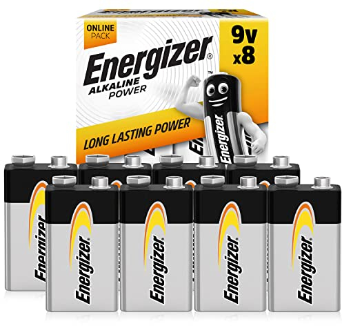 Energizer Alkaline Power - Pila 9V Alcalinas (Paquete de 8) - para Detector de Humo/monóxido de Carbono, electrónica y Audio - Embalaje 100% reciclable y sin plástico [Exclusivo en Amazon]