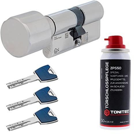 ToniTec Set aus ABUS Schließzylinder EC880 inkl. 3 Schlüssel modular verschiedenschließend Knaufzylinder 30/65K|Türzylinder Sicherheitsschloss mit Sicherungskarte und ToniTec Pflegespray