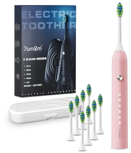 7AM2M Sonic Electric Toothbrush for Adults and Kids, with 8 Brush Heads and Travel Case,5 Modes with 2 Minutes Built in Smart Timer, One Charge Use for 90 Days, Rechargeable Toothbrushes(Pink)