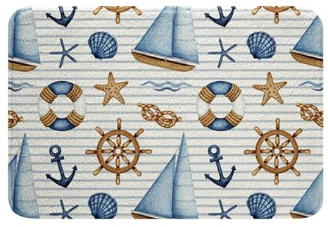 Badematte im maritimen Stil 40 x 60 cm Anker Segelboot rutschfeste saugfähige Badeteppiche Seesterne Muschel Badezimmerteppich Ozean Seafife Badematte gestreifter handgezeichneter Raumteppich